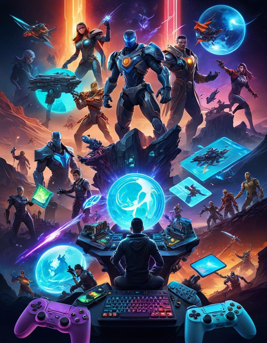 A dynamic, vibrant collage featuring a diverse selection of web games; include elements like futuristic landscapes, fantasy realms, and strategic boards with characters actively engaging. Integrate game controllers, keyboards, and game-related icons to emphasize interactivity. Super-realistic. Vibrant colors. 3D.