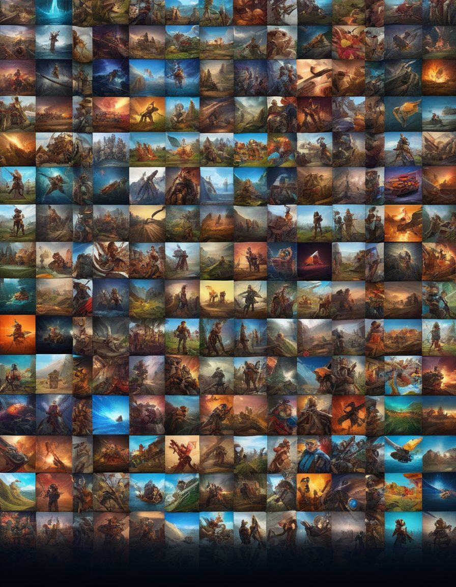 A dynamic collage of diverse game genres - from intense action-packed scenes, colorful platformers, immersive RPGs, to challenging puzzles. Each scene seamlessly blending into the next, capturing the excitement and endless possibilities on GameBuck. vibrant colors. super-realistic.